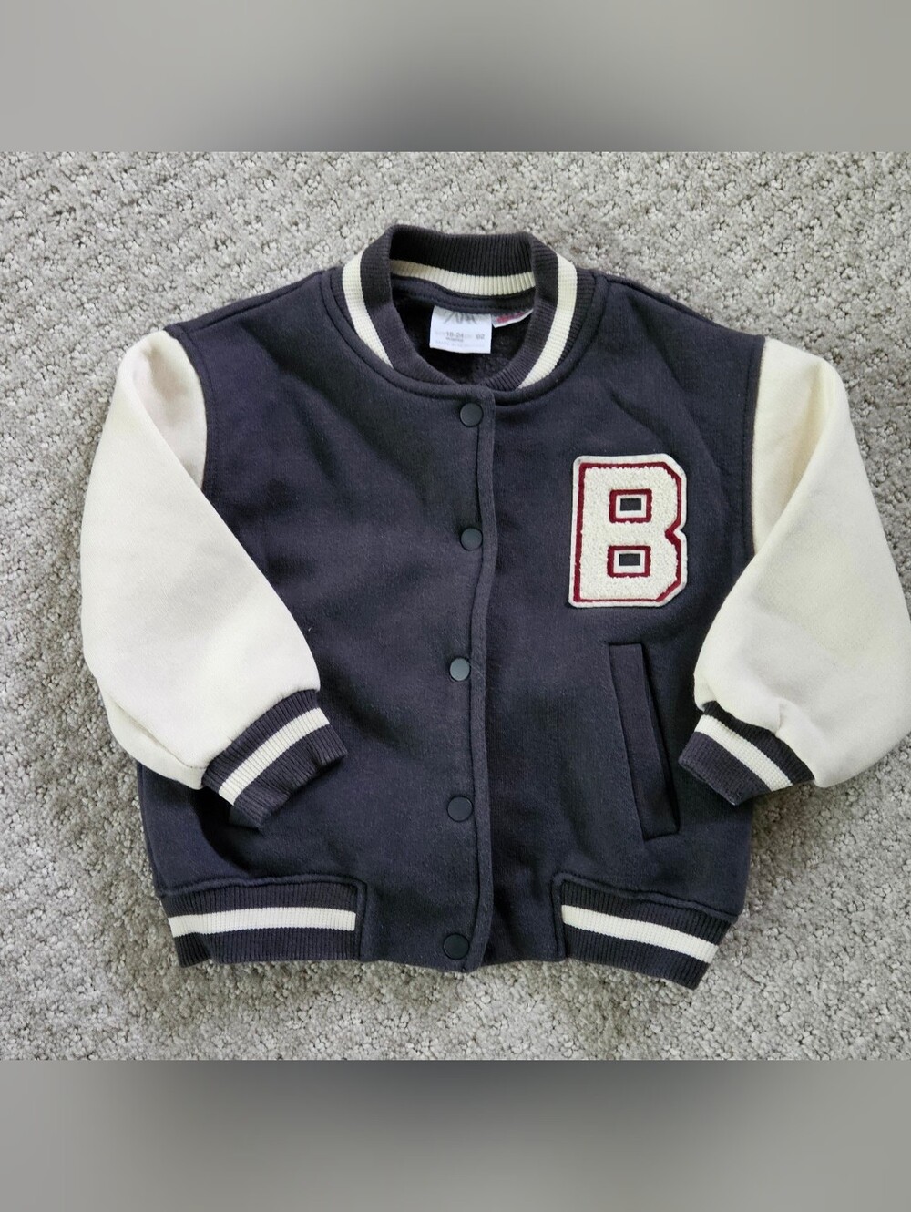 Zara Navy and Cream Kids Varsity Jacket with 'B' Patch
